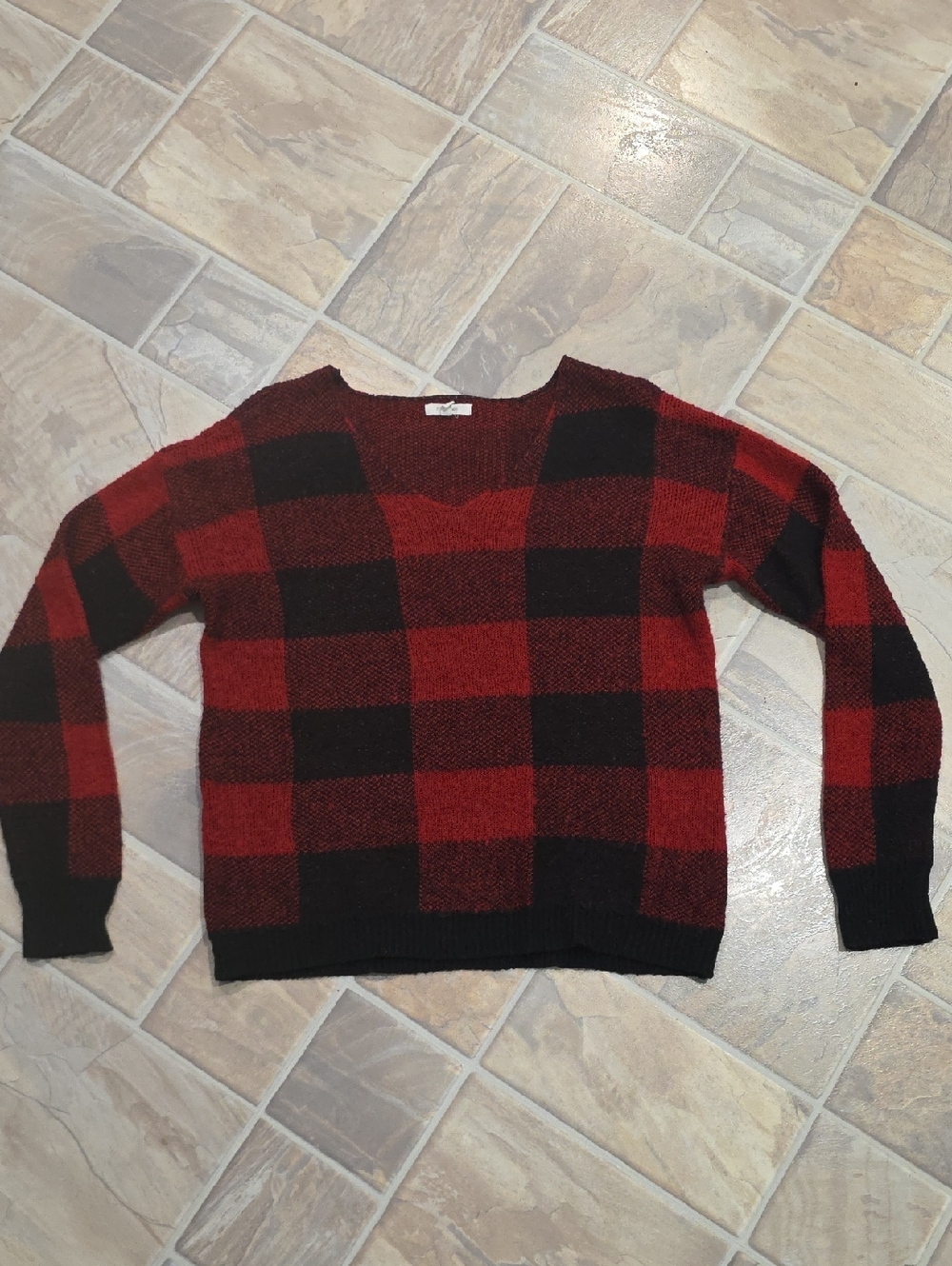 Womens Maurices Red and Black Buffalo Plaid V-Neck Sweater